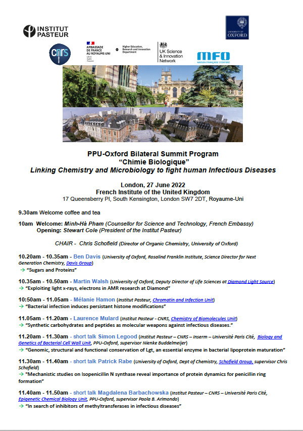 Download the program (PDF) PPU-Oxford Bilateral Summit Program “Chimie Biologique” Linking Chemistry and Microbiology to fight human Infectious Diseases